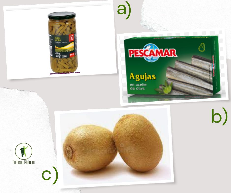 Judías verdes con agujas en conserva y 2 Kiwis por persona.